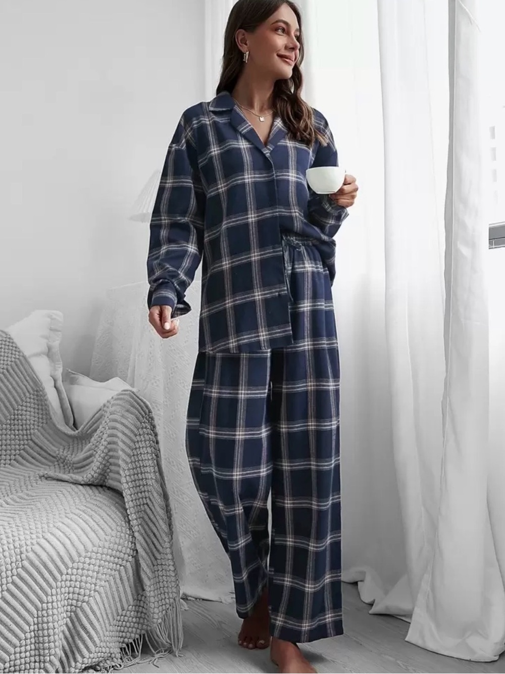 SHEIN Navy Plaid Relaxed Button-Up Loungewear Set